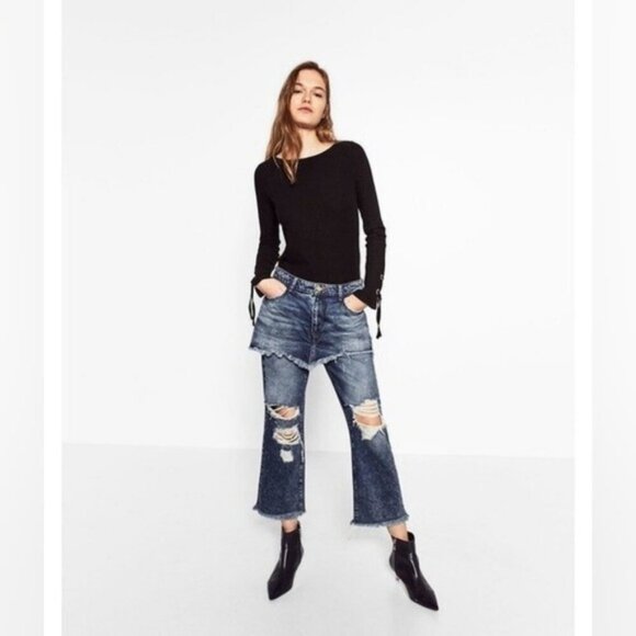 Zara Rare Distressed Streetwear Y2K Cyberpunk Layered Denim Skirted Jeans 00 - Picture 1 of 10